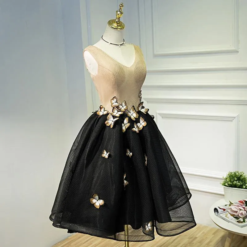 A Line Black Homecoming Dresse Sleeveless Prom Dress With Butterfly  HD0060