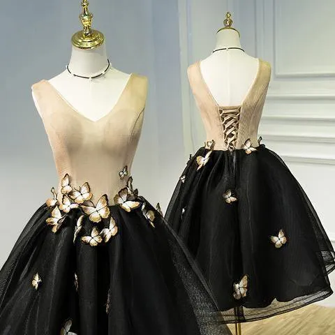 A Line Black Homecoming Dresse Sleeveless Prom Dress With Butterfly  HD0060