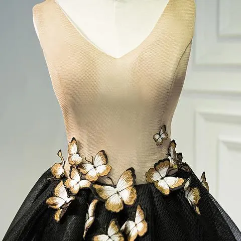 A Line Black Homecoming Dresse Sleeveless Prom Dress With Butterfly  HD0060