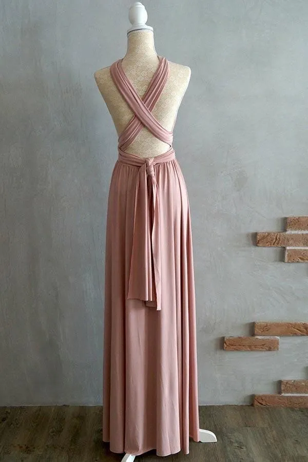 A-line Floor-Length Criss-Cross Straps Blush Satin Bridesmaid Dress  BD043