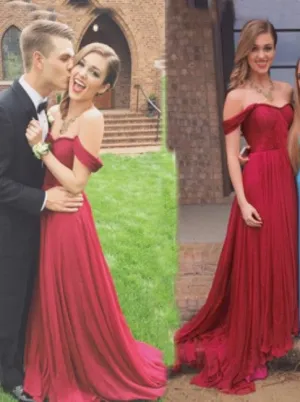 A-line Off the Shoulder Sweetheart Burgundy Chiffon Prom Evening Gowns Ruched Bridesmaid Dress Maroon Red Prom Dress
