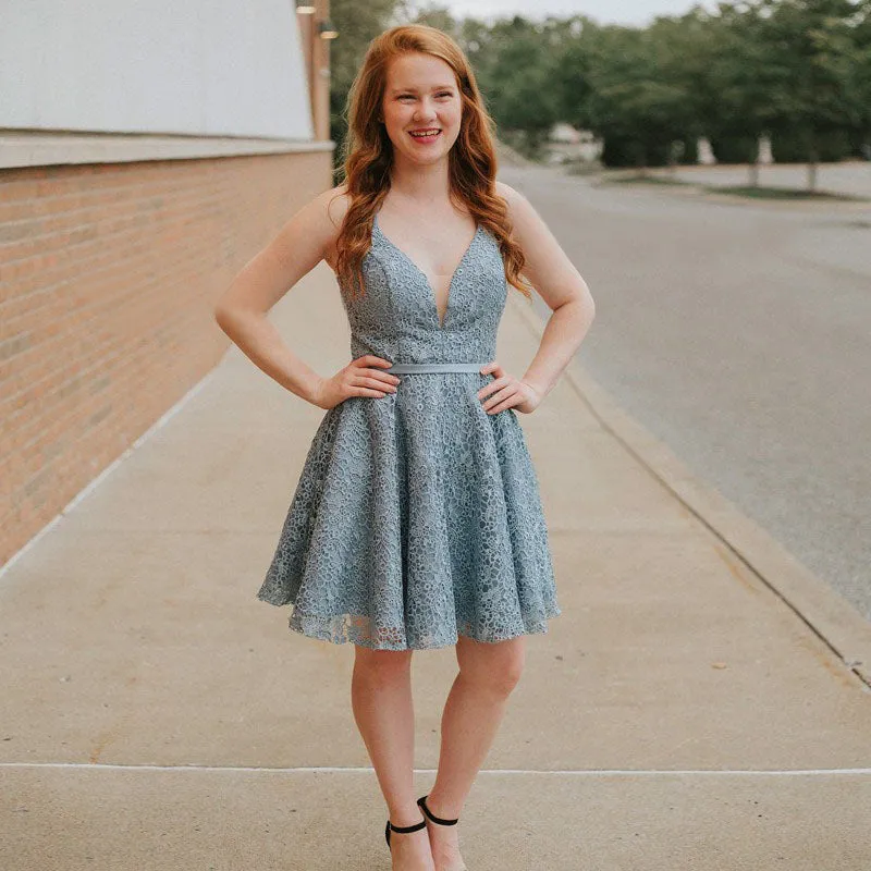 A-Line Spaghetti Straps Backless Blue Lace Homecoming Dresses OKM13