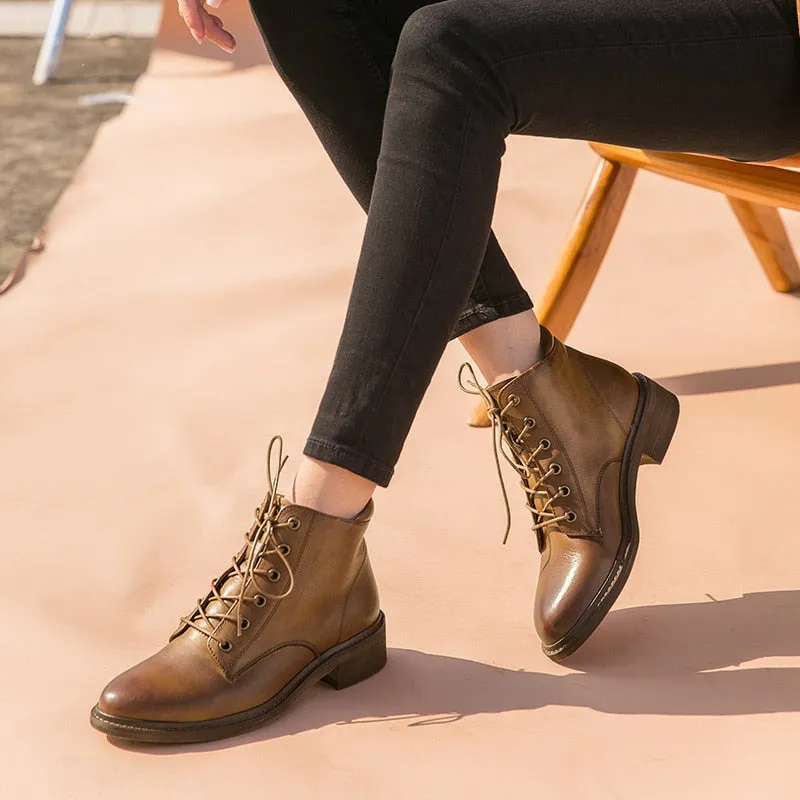 Ankle Boots Women Cow Leather Round Toe Lace-Up Shoes