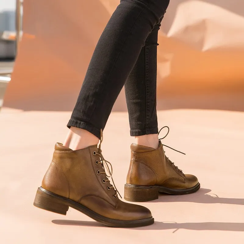 Ankle Boots Women Cow Leather Round Toe Lace-Up Shoes
