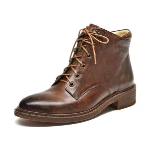 Ankle Boots Women Cow Leather Round Toe Lace-Up Shoes