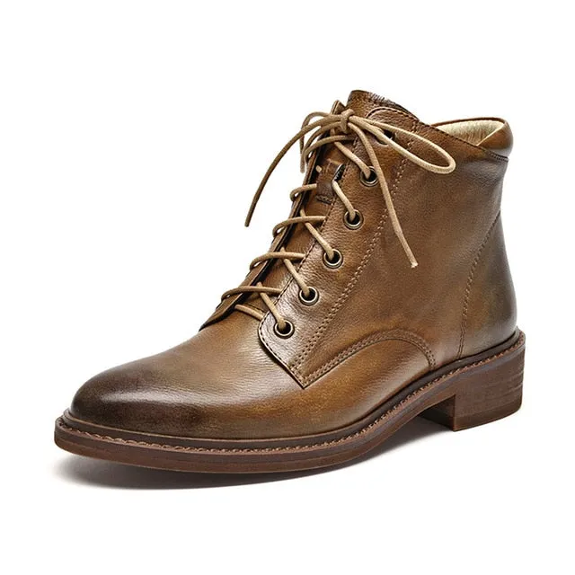 Ankle Boots Women Cow Leather Round Toe Lace-Up Shoes