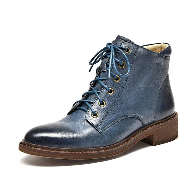 Ankle Boots Women Cow Leather Round Toe Lace-Up Shoes