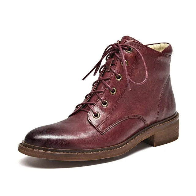 Ankle Boots Women Cow Leather Round Toe Lace-Up Shoes