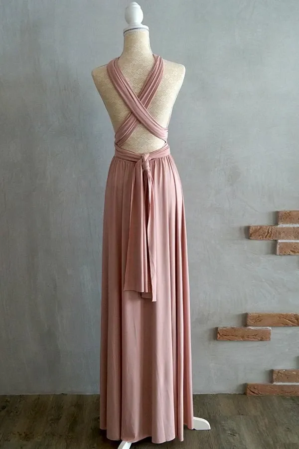 Anneprom A-Line Floor-Length Criss-Cross Straps Blush Spandex Bridesmaid Dress APB0079