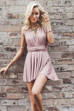 Anneprom Deep V-Neck Criss-Cross Straps Short Blush Satin Homecoming Dress APH0038