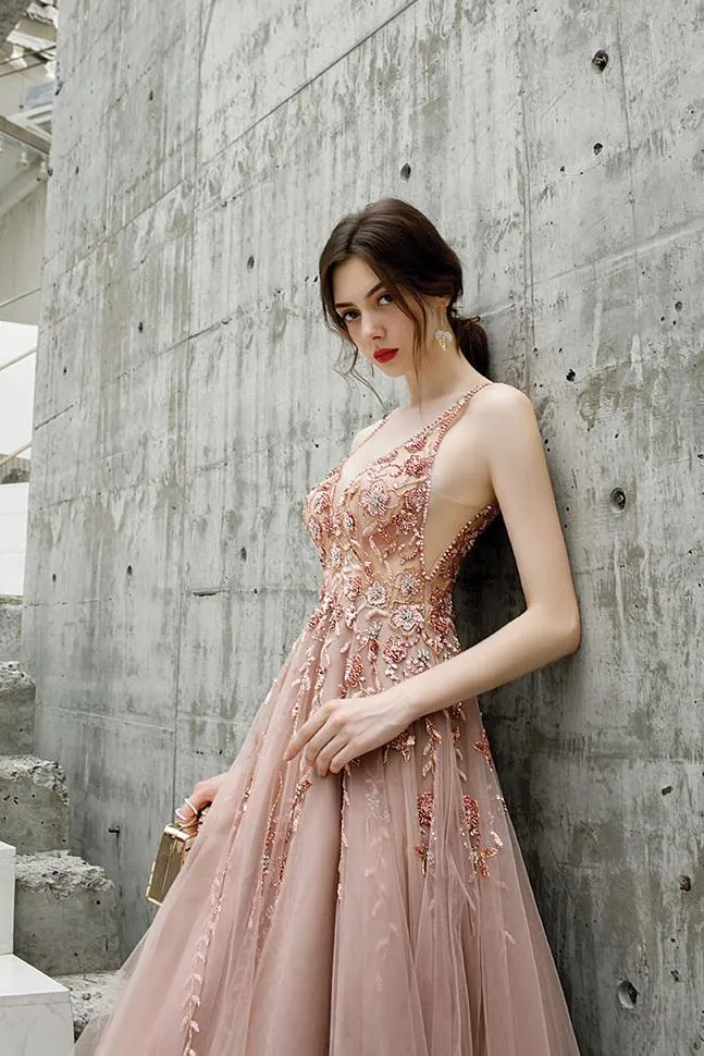 Beautiful Tulle A Line V Neck Pink Beads Straps Prom Dresses, Elegant Long Dance Formal Dress