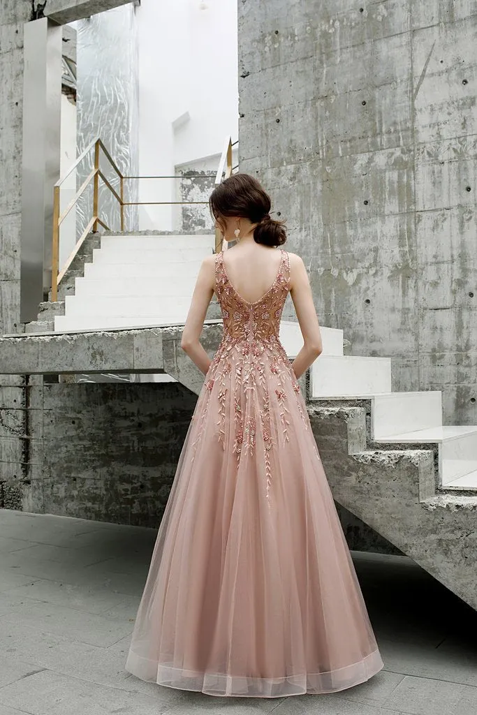 Beautiful Tulle A Line V Neck Pink Beads Straps Prom Dresses, Elegant Long Dance Formal Dress