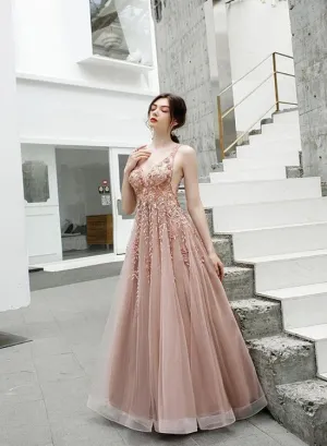Beautiful Tulle A Line V Neck Pink Beads Straps Prom Dresses, Elegant Long Dance Formal Dress