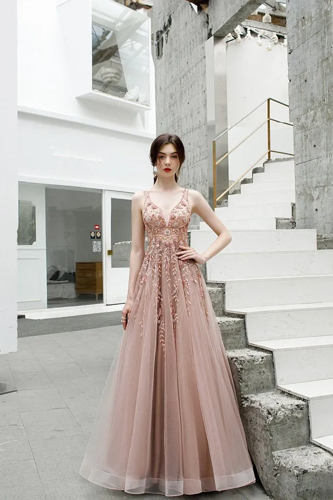 Beautiful Tulle A Line V Neck Pink Beads Straps Prom Dresses, Elegant Long Dance Formal Dress