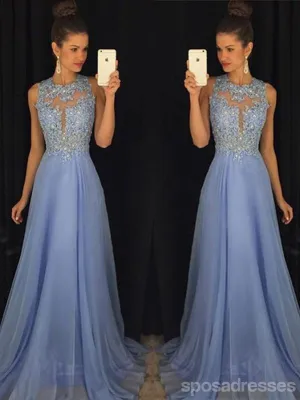 Blue A-line Jewel Sleeveless Long Prom Dresses Online,Dance Dresses,12600