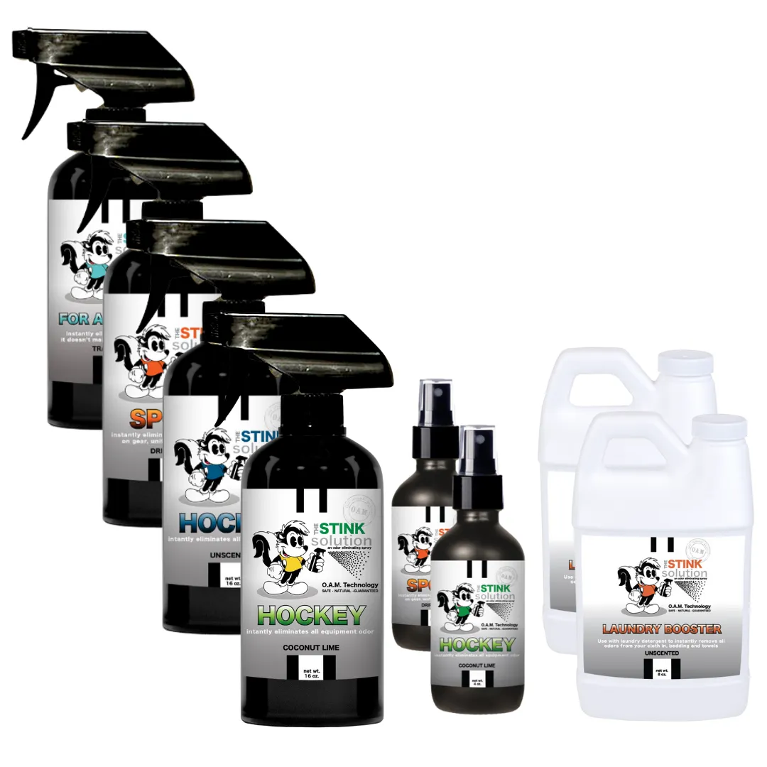Buy 4 Get Super Sample Bundle FREE - 1 Tranquility (16 oz), 1 Sport (16 oz), 2 Hockey in Coconut Lime & Unscented (16 oz), 1 Sport (4 oz), 1 Coconut Lime Hockey (4 oz),   2 Unscented Mini Laundry Boosters | Odor Eliminating Spray