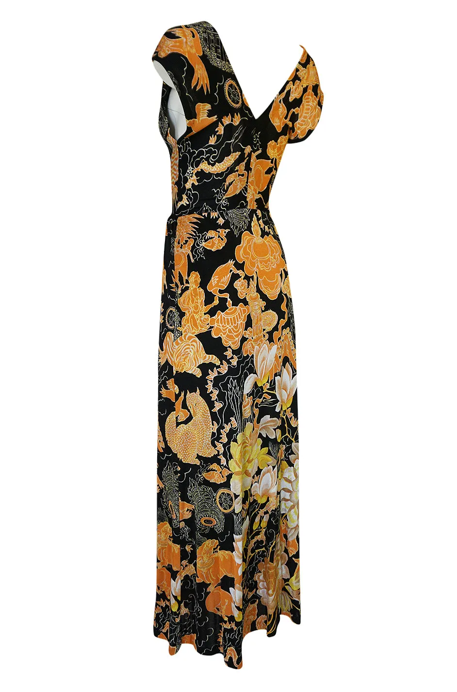 c.1976 Mac Tac Black Dragon Printed Nylon Jersey Dress