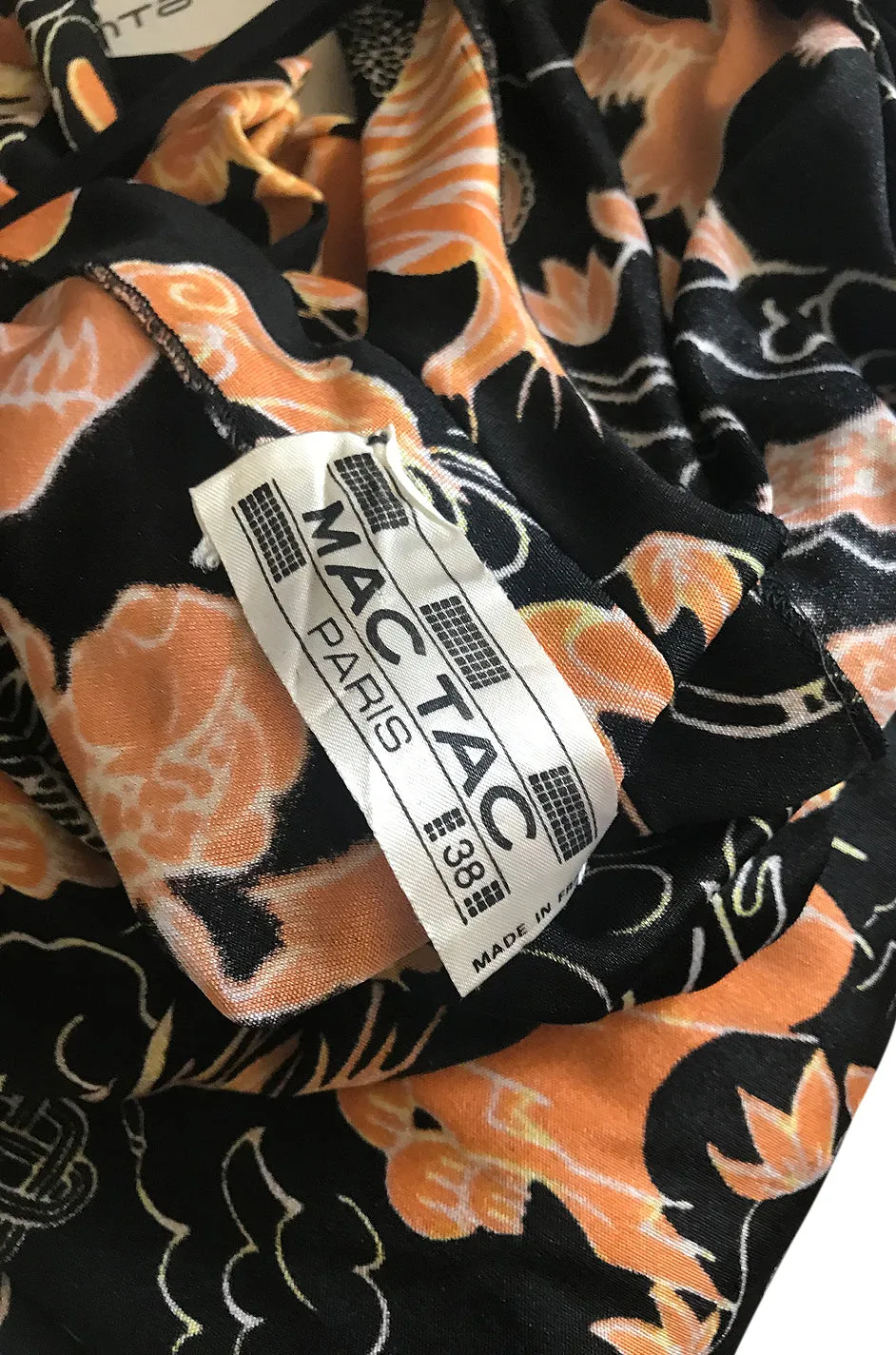 c.1976 Mac Tac Black Dragon Printed Nylon Jersey Dress