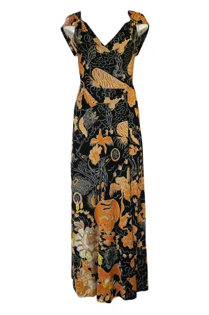 c.1976 Mac Tac Black Dragon Printed Nylon Jersey Dress