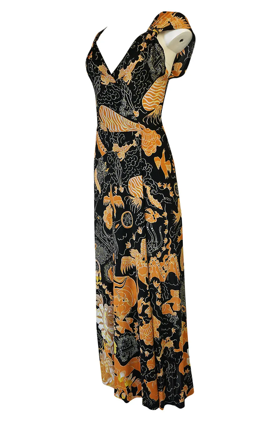 c.1976 Mac Tac Black Dragon Printed Nylon Jersey Dress