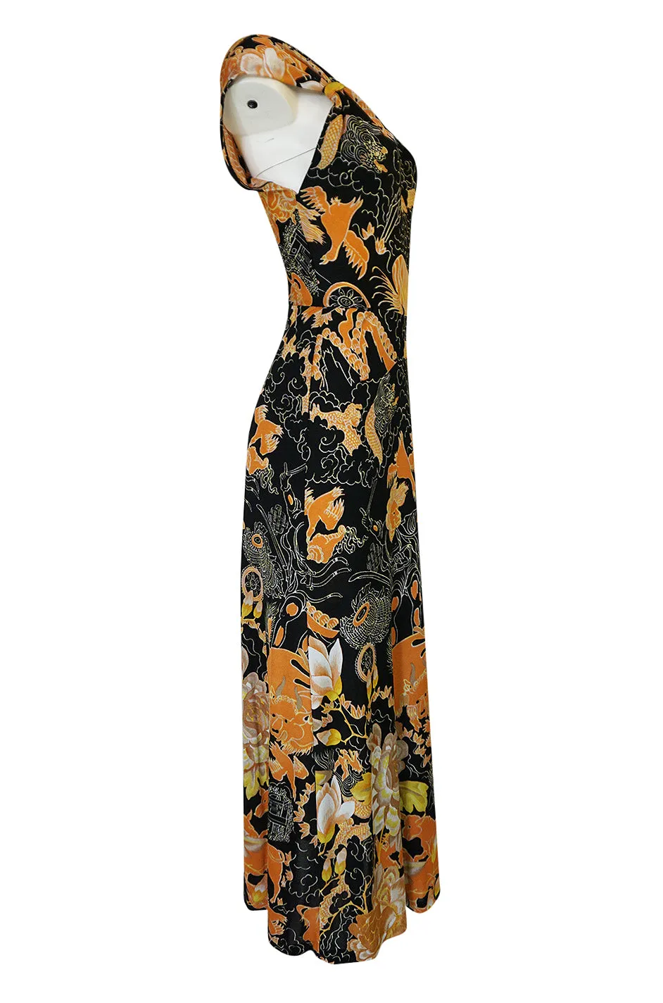 c.1976 Mac Tac Black Dragon Printed Nylon Jersey Dress