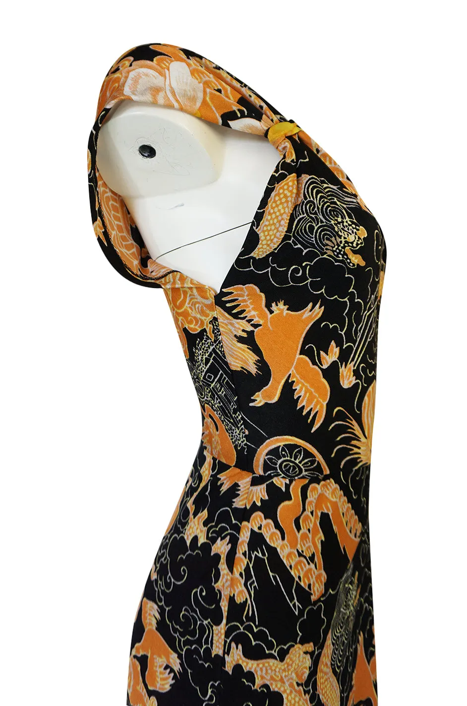c.1976 Mac Tac Black Dragon Printed Nylon Jersey Dress