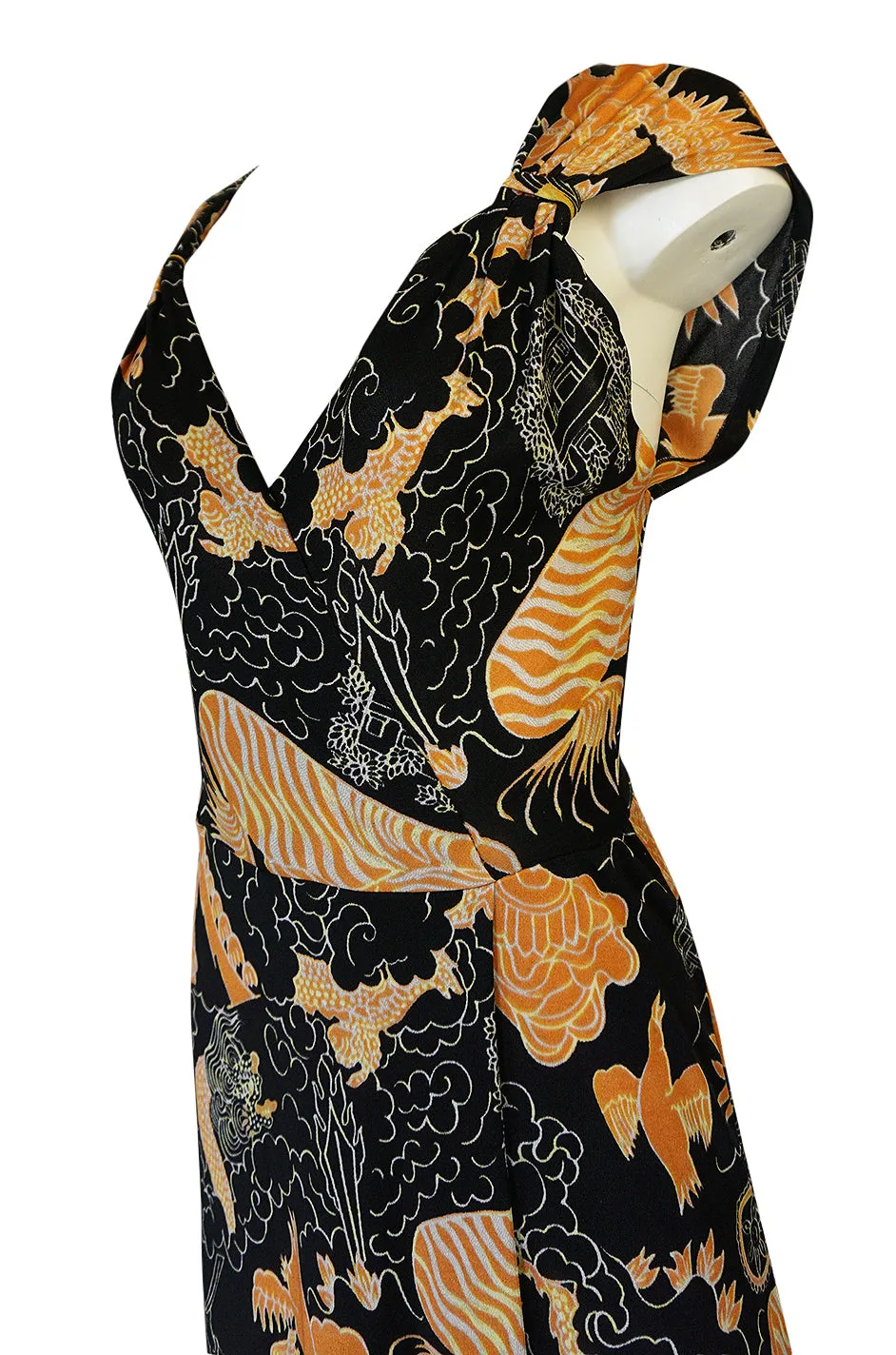 c.1976 Mac Tac Black Dragon Printed Nylon Jersey Dress