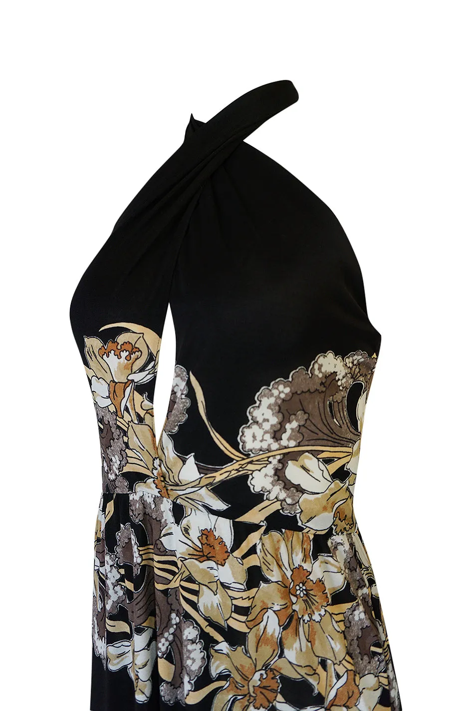 c.1976 Mac Tac Halter Tie Floral Printed Nylon Jersey Dress