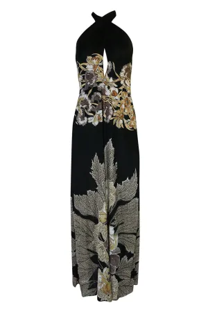 c.1976 Mac Tac Halter Tie Floral Printed Nylon Jersey Dress