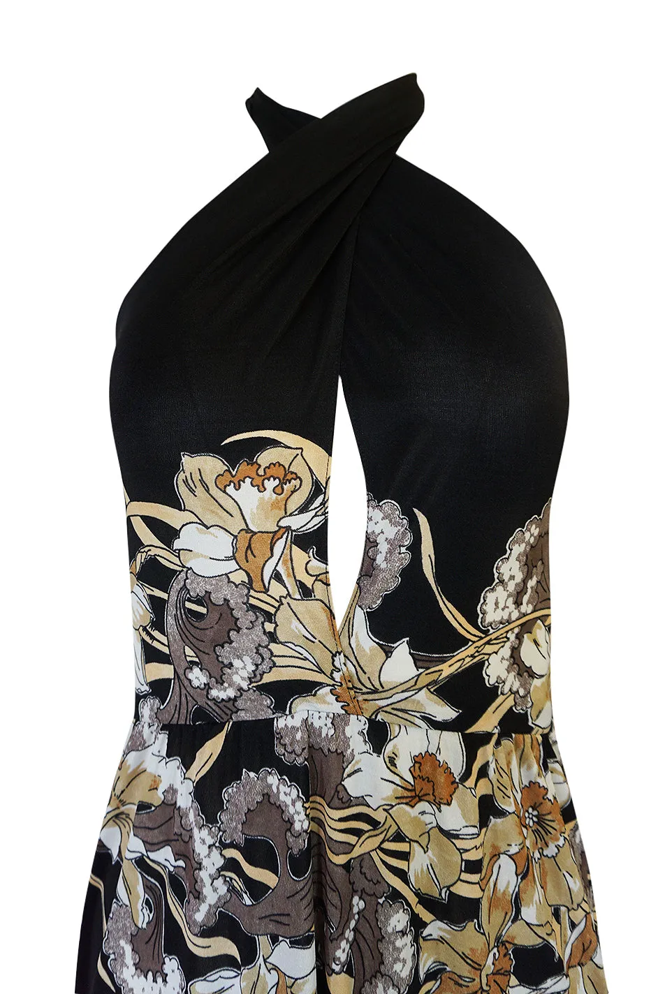 c.1976 Mac Tac Halter Tie Floral Printed Nylon Jersey Dress