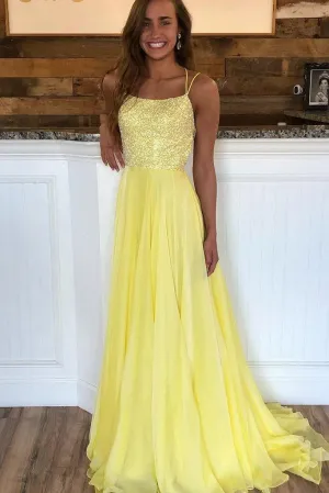 Criss Cross Back Beaded Yellow Long A Line Prom Dress TP0870