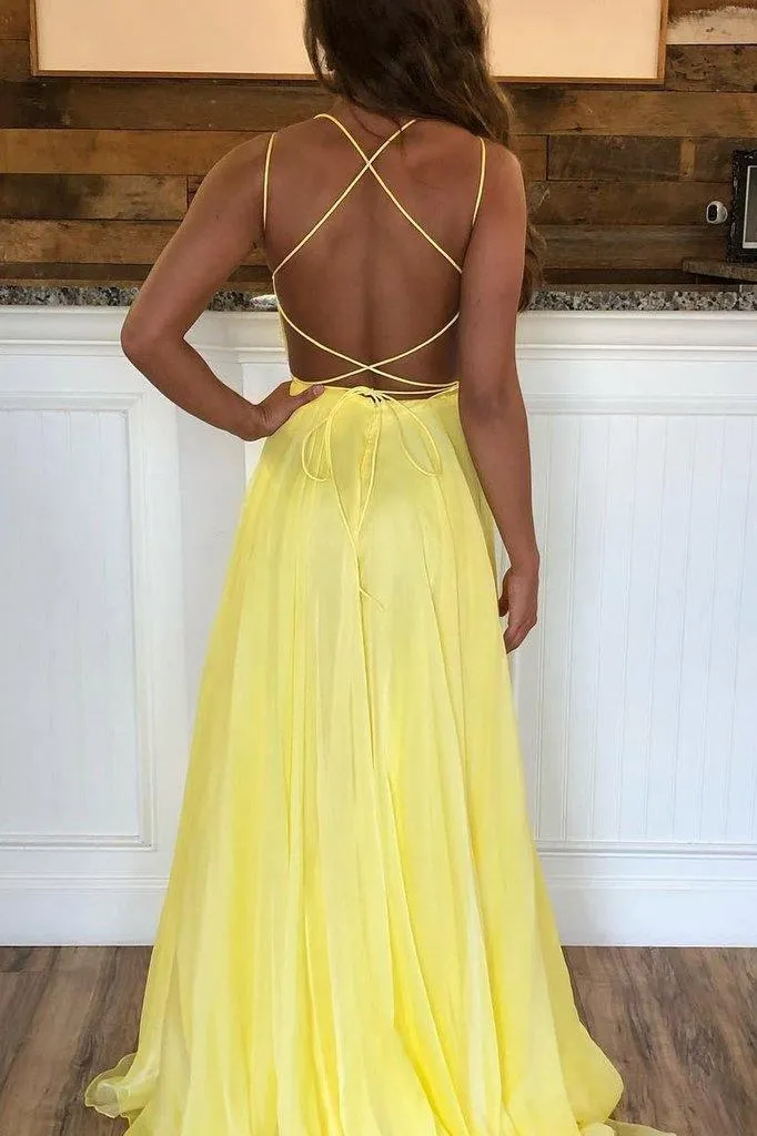 Criss Cross Back Beaded Yellow Long A Line Prom Dress TP0870