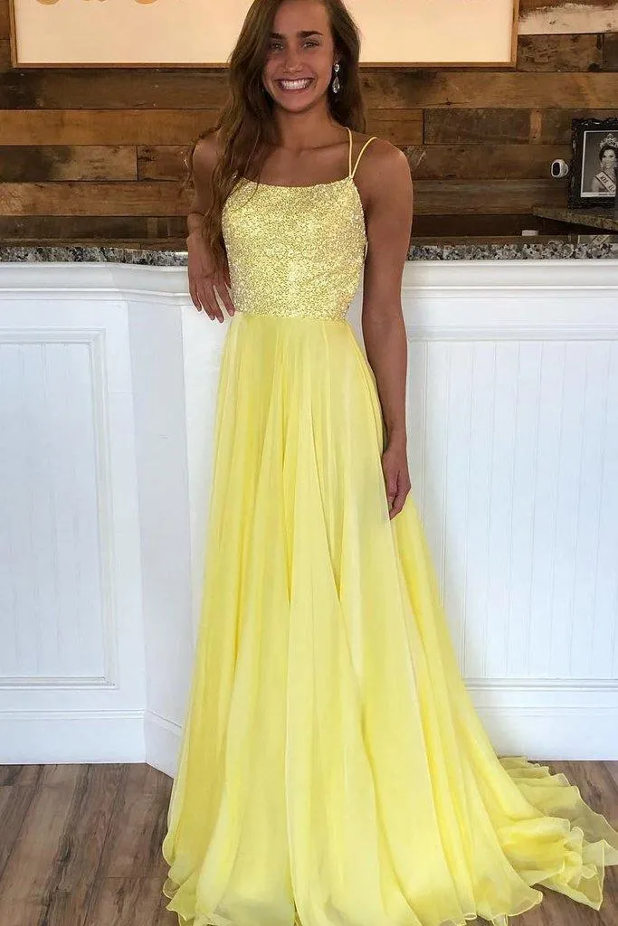 Criss Cross Back Beaded Yellow Long A Line Prom Dress TP0870