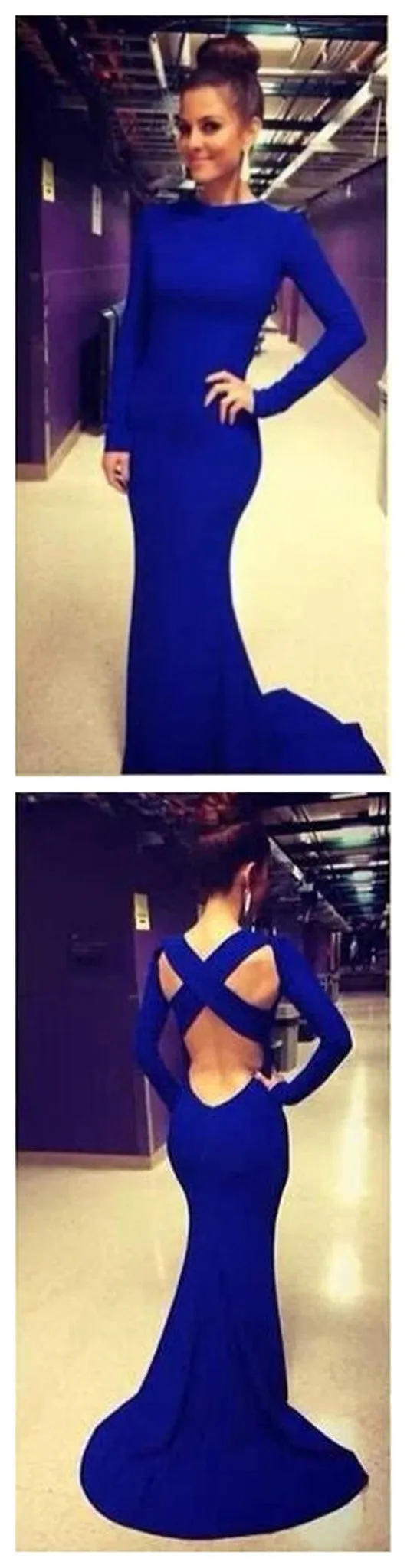 Cross Back Mermaid Long Sleeves Royal Blue Long Prom Dress, BG51124