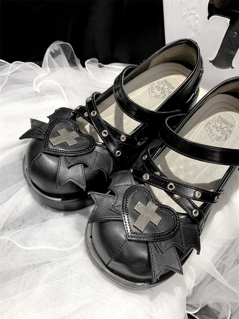 Double Bat Wings Heart Cross Dolly Shoes SD02025