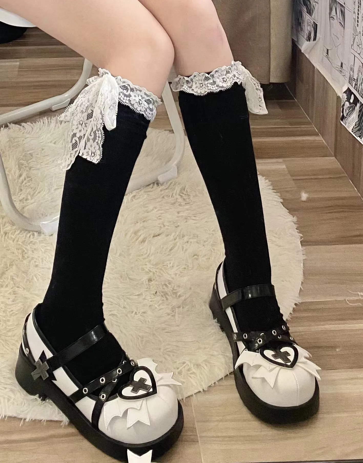 Double Bat Wings Heart Cross Dolly Shoes SD02025