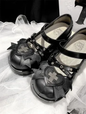 Double Bat Wings Heart Cross Dolly Shoes SD02025