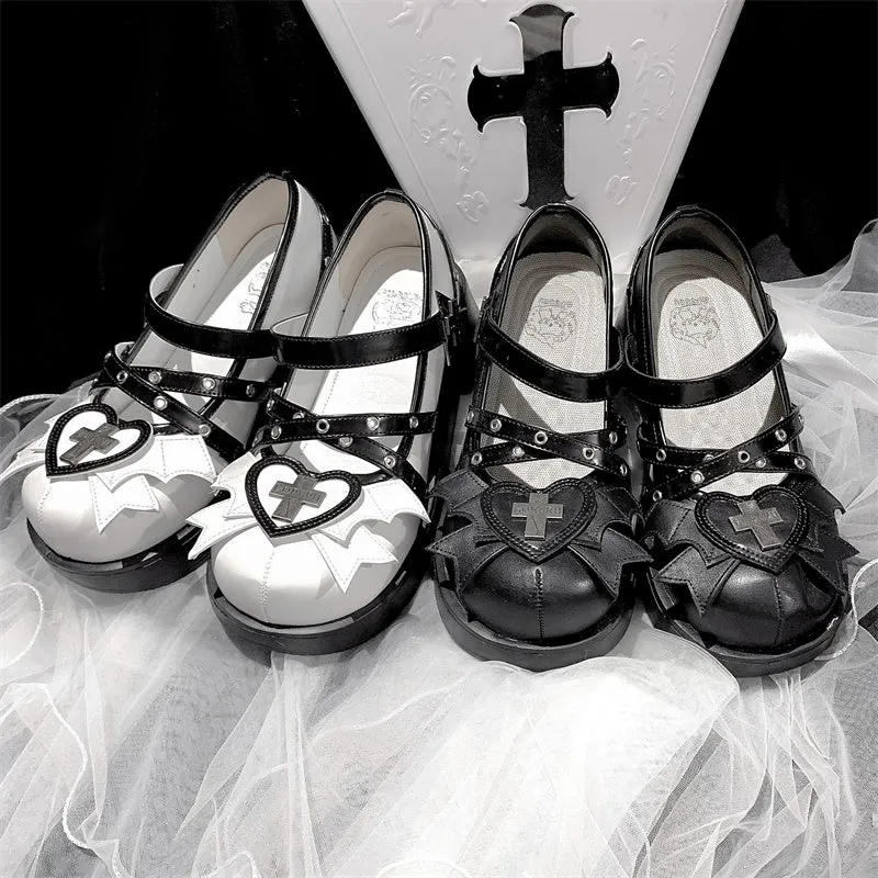 Double Bat Wings Heart Cross Dolly Shoes SD02025