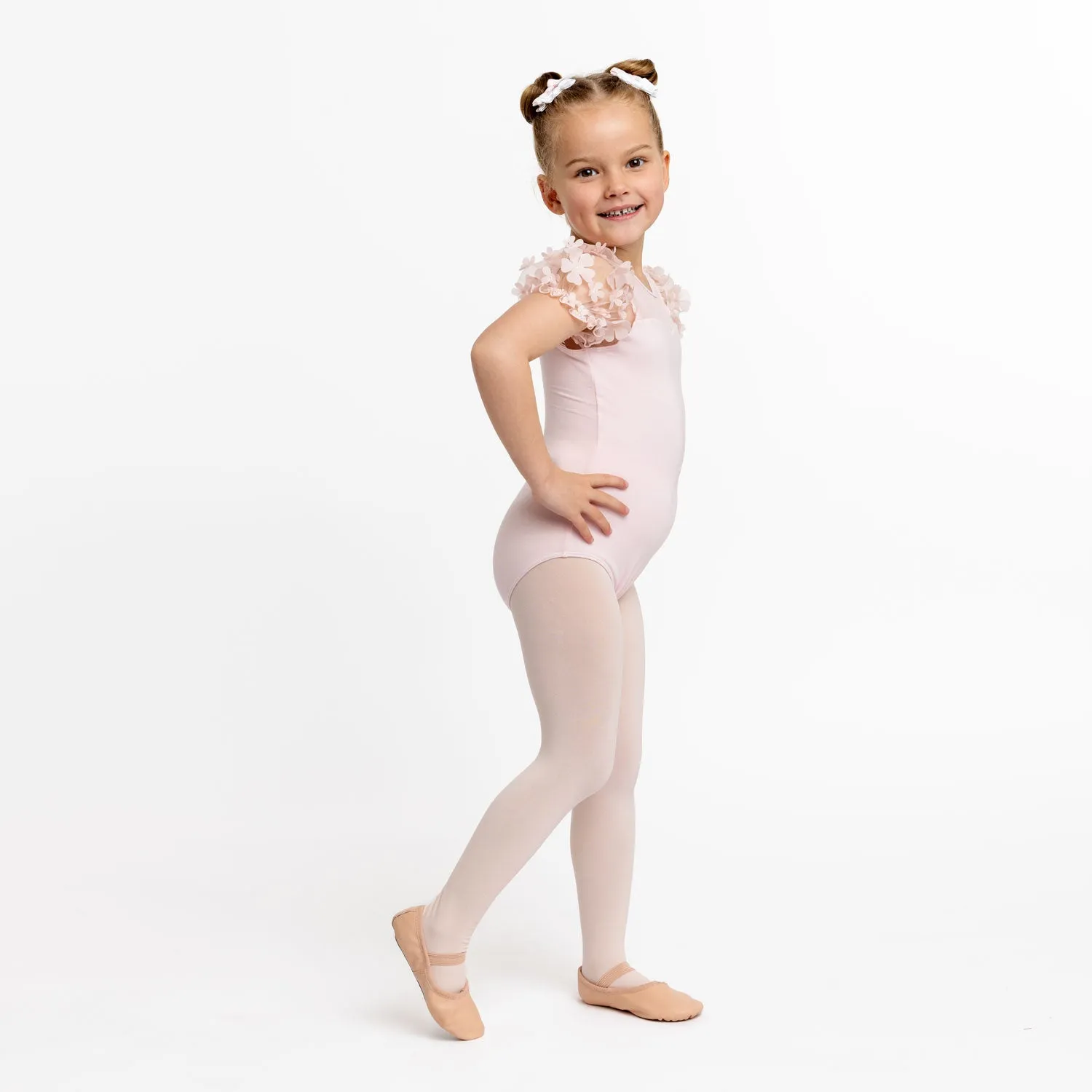 Evelyn: Flower Tulle Sleeve Leotard in Pink