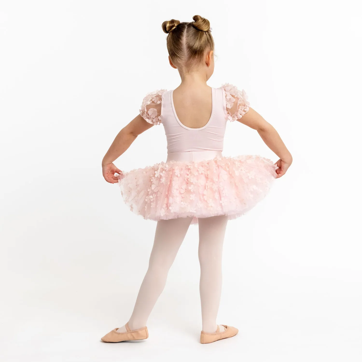 Evelyn: Flower Tulle Sleeve Leotard in Pink