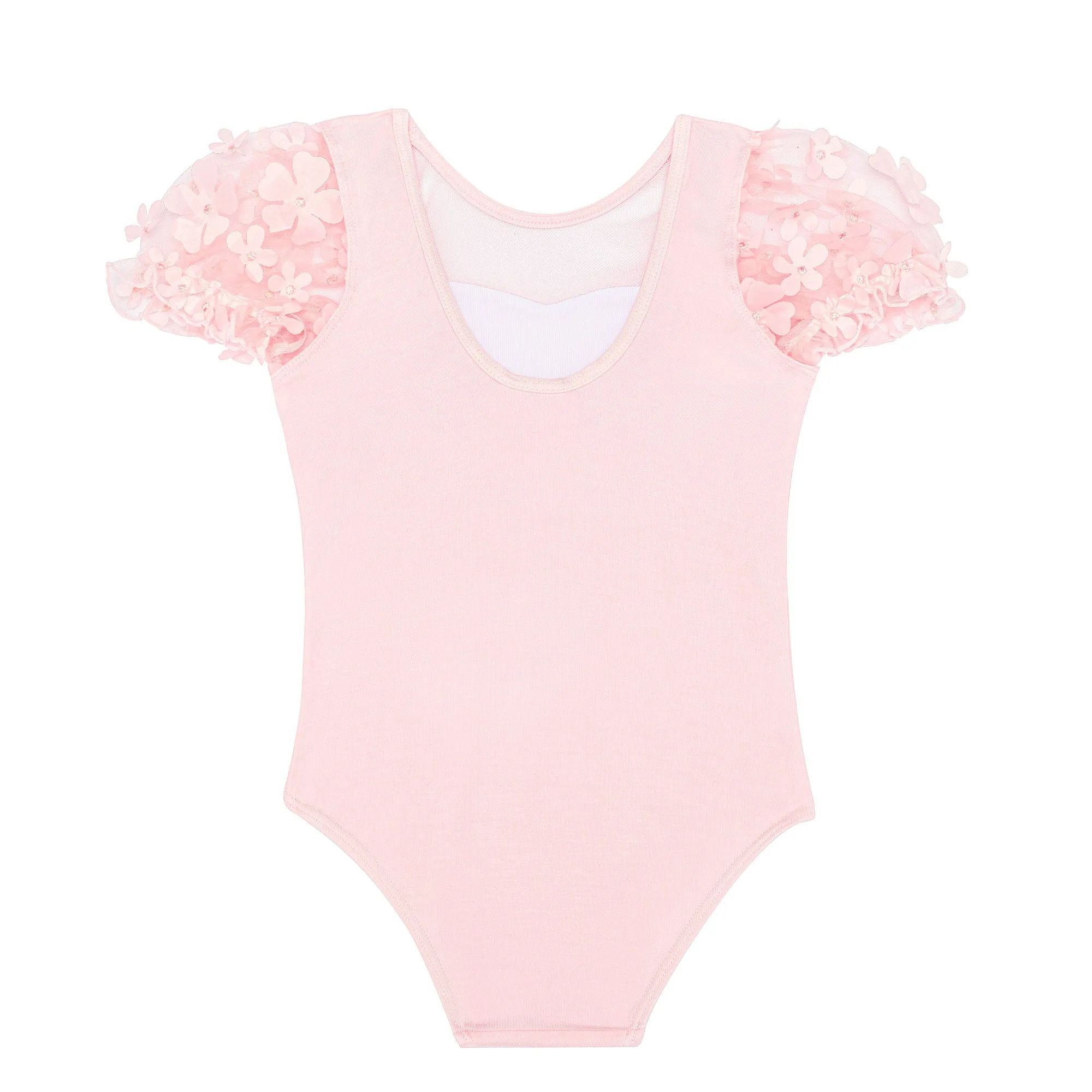 Evelyn: Flower Tulle Sleeve Leotard in Pink