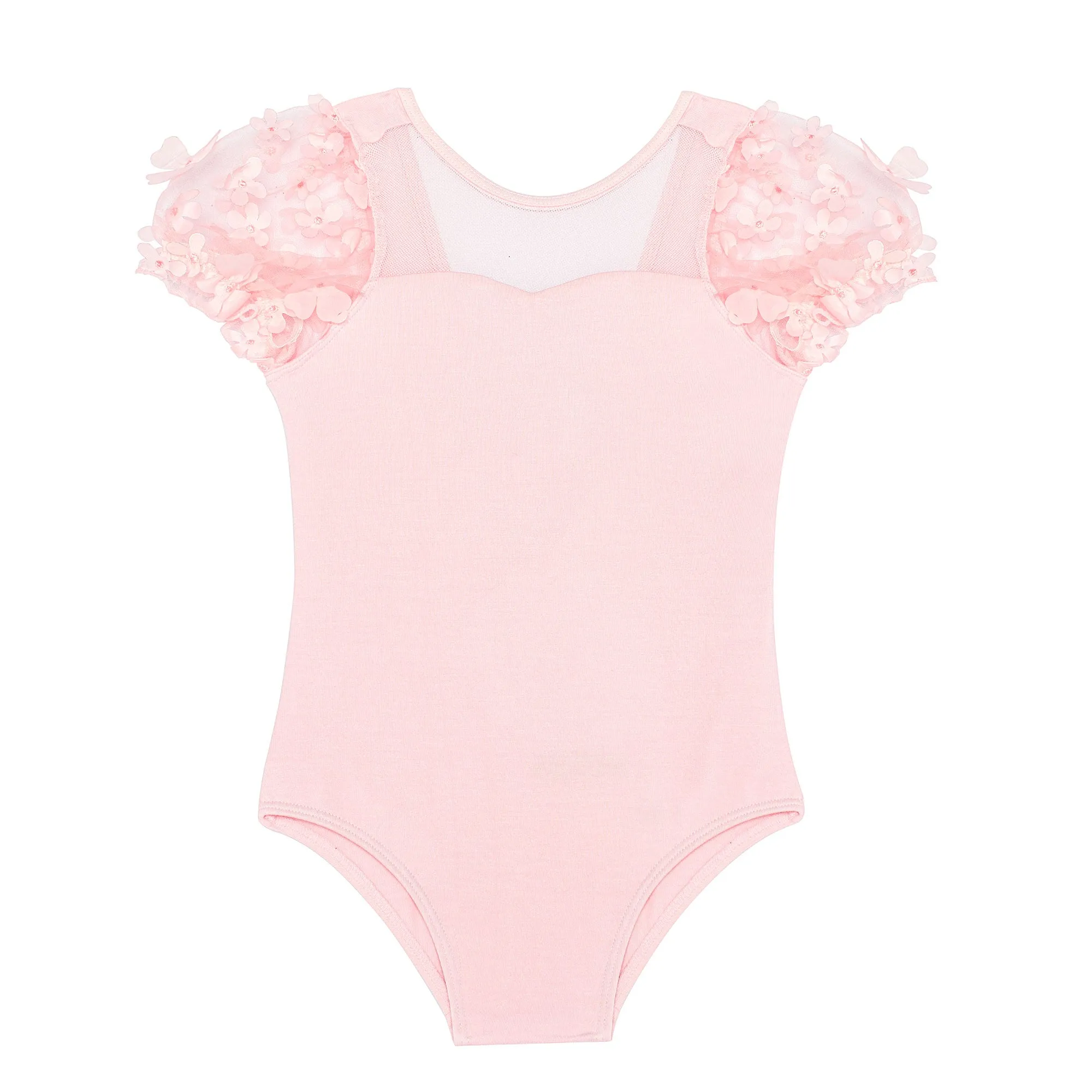 Evelyn: Flower Tulle Sleeve Leotard in Pink