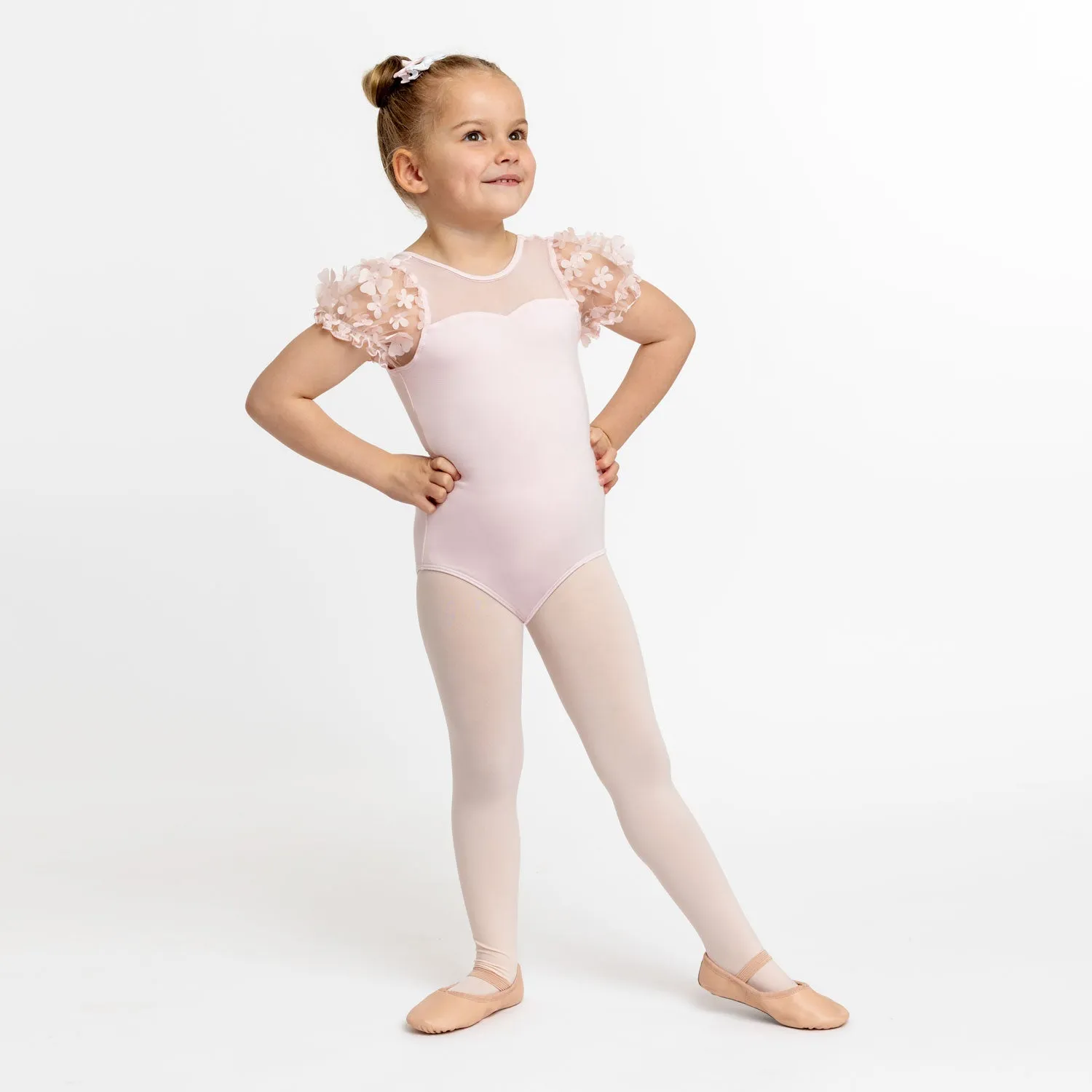 Evelyn: Flower Tulle Sleeve Leotard in Pink