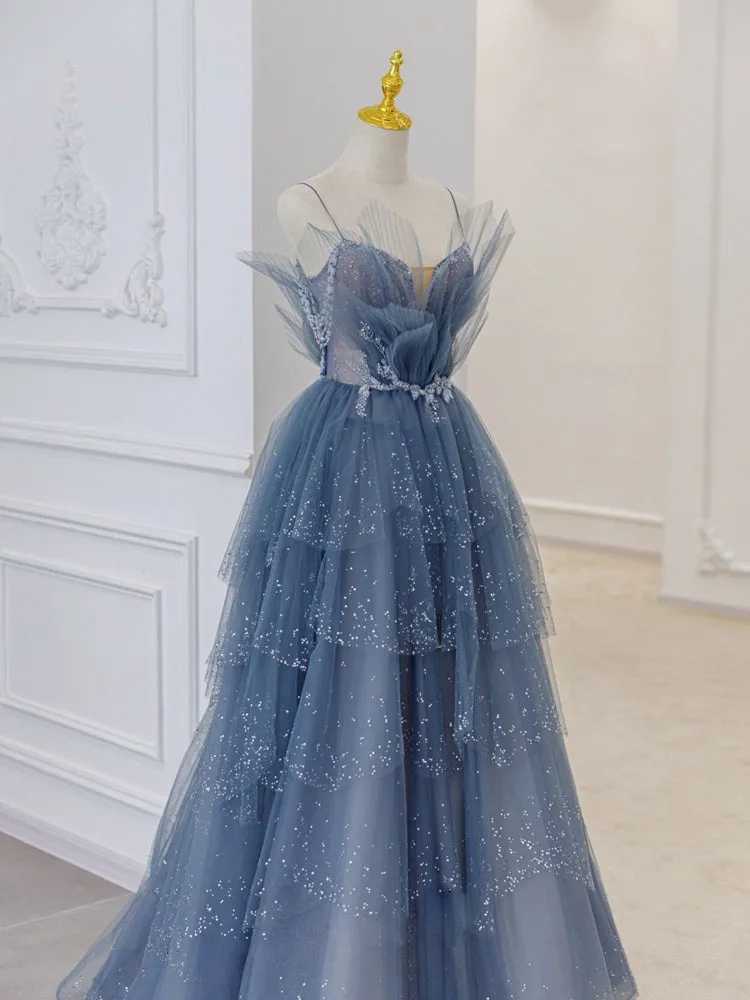 Fancy Light Blue A Line Off The Shoulder Long Prom Dress, Evening Dress SHK007