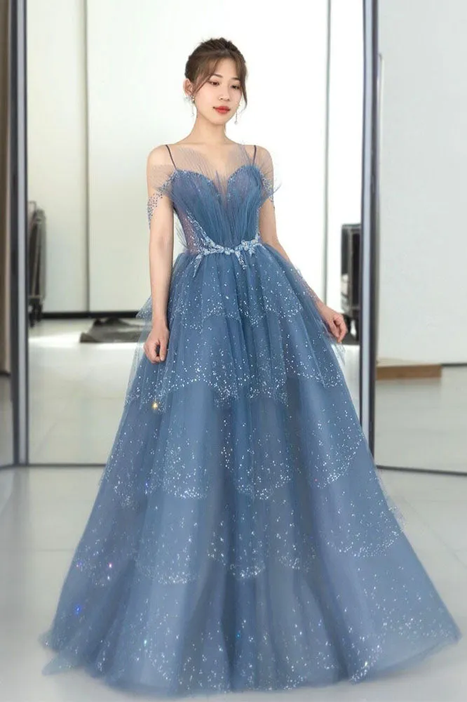 Fancy Light Blue A Line Off The Shoulder Long Prom Dress, Evening Dress SHK007