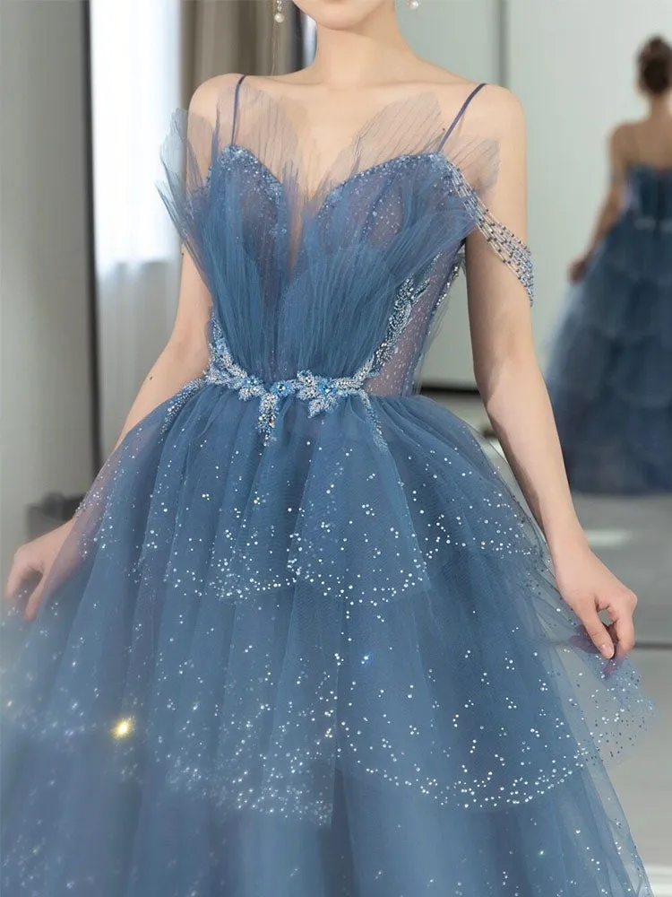 Fancy Light Blue A Line Off The Shoulder Long Prom Dress, Evening Dress SHK007