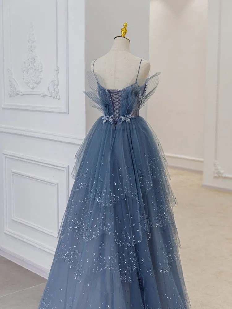 Fancy Light Blue A Line Off The Shoulder Long Prom Dress, Evening Dress SHK007