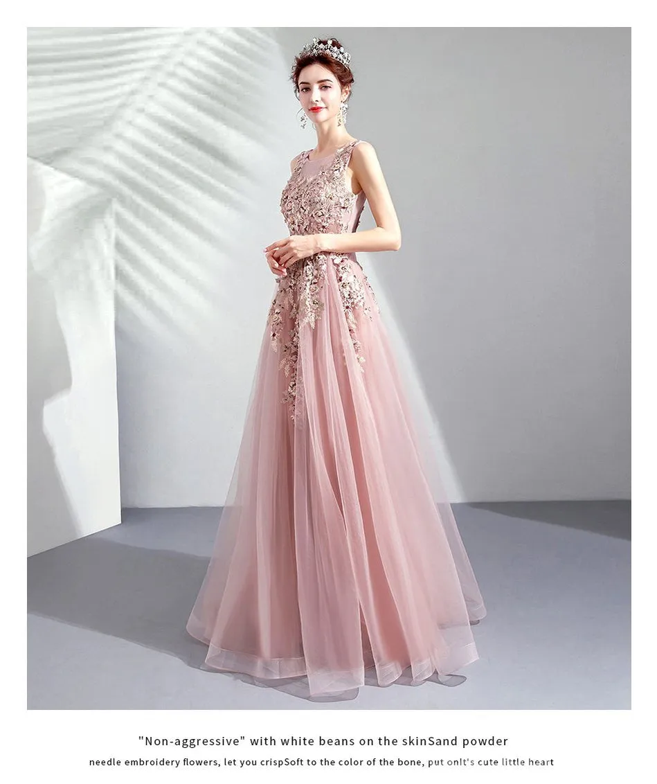 Floral A-line Pink Jewel Long Party Prom Dresses, Cheap Dance Dresses,12542