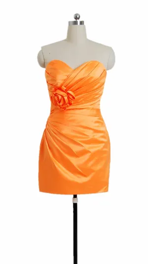 Fluorescent Orange Satin Bridesmaid Dress Cocktail Party Dress W/Handmade Flowers (BM2450)