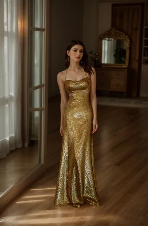 Glamorous Haltered Hollow Back Sequin Cocktail Dress